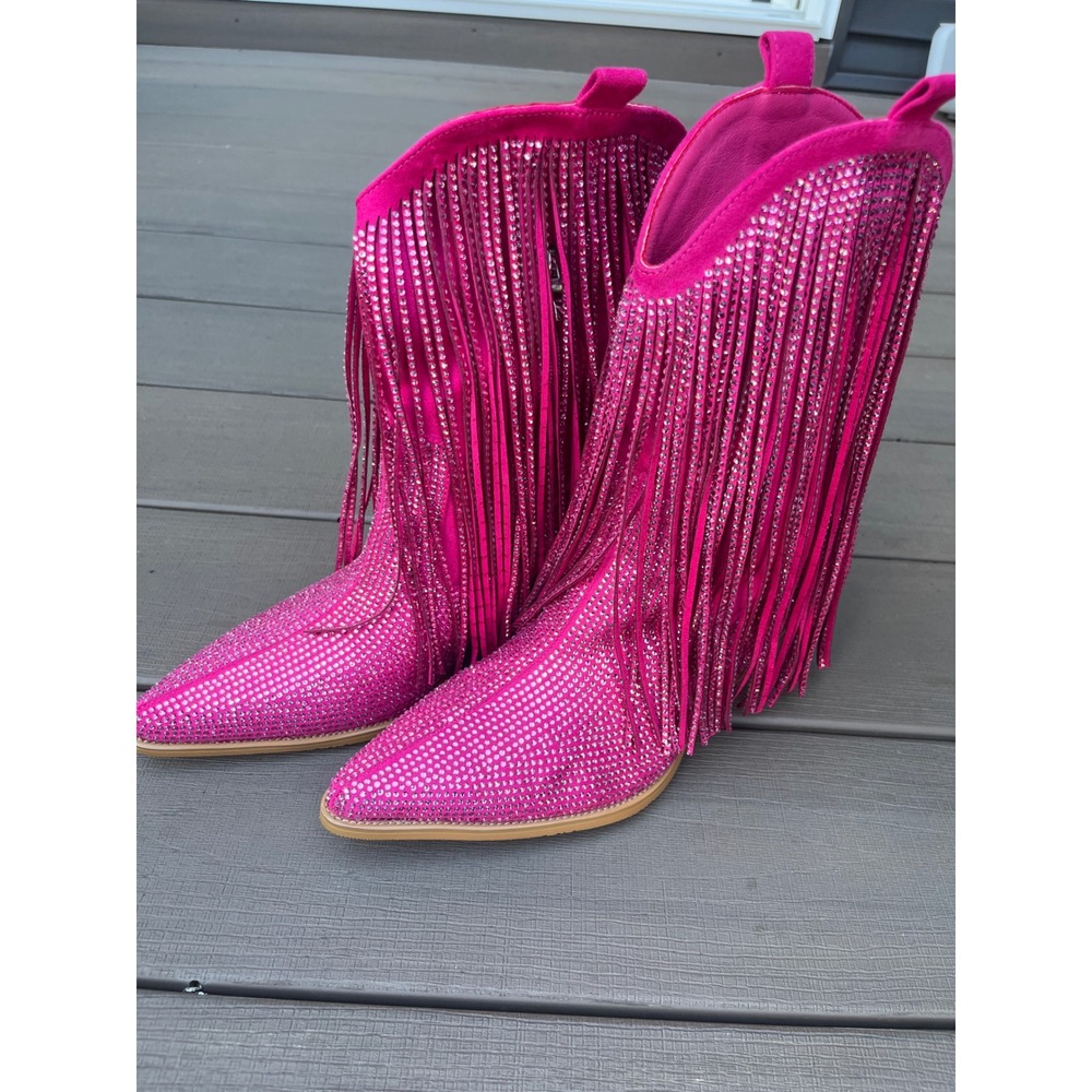 Ouepiano Hot Pink Rhinestone Fringe Western Boots Size 9 Festival Cowgirl